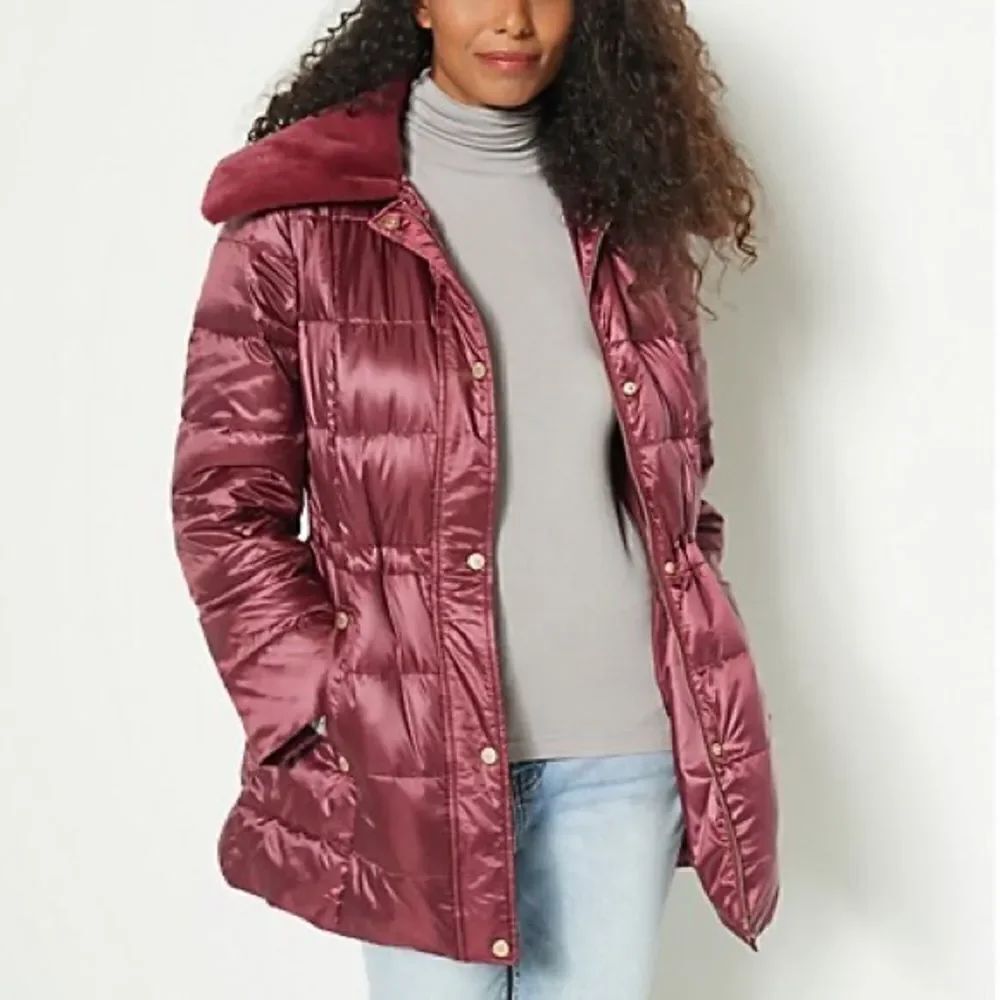 Dennis Basso Down Filled Anorak Puffer w/ Faux Mink Collar